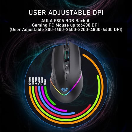 F805 6400DPI RGB 7 Tuşlu Makro Optik Oyuncu Mouse, Siyah