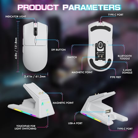X1 Kablosuz Gaming Mouse – Dokunmatik RGB Şarj Standlı, 53g Süper Hafif Fare, PixArt PAW3395PRO Sensör, 40000 DPI, BT/2.4G/Kablolu Üçlü Mod, Windows/Xbox/PS/Mac Uyumlu – Beyaz