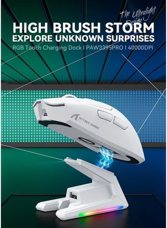 X1 Kablosuz Gaming Mouse – Dokunmatik RGB Şarj Standlı, 53g Süper Hafif Fare, PixArt PAW3395PRO Sensör, 40000 DPI, BT/2.4G/Kablolu Üçlü Mod, Windows/Xbox/PS/Mac Uyumlu – Beyaz