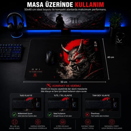 Baskılı Dijital Tasarımlı Oyuncu Mouse Pad, Kaymaz Taban, Dikişli Gaming Mouse Pad Oni 50x40 Cm