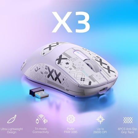 X3 Kablosuz Gaming Mouse, Ultra Hafif 49g Oyuncu Mouse, PixArt PAW3395 Sensör-26000DPI, Programlanabilir, 2.4G/Bluetooth/Kablolu-Uzun Pil Ömrü/PTFE Ayak/Fare Kavrama Bandı-PC/MAC-Lavanta