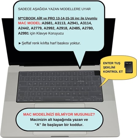 MacBook UK İngilizce Klavye Koruyucu ISO Ters L Enter M1-M5 | A2681 A3113 A3240 A3449 A2941 A3241 A2442 A2779 A2992 A2485 A2991 | Keyboard Cover Touch ID Şeffaf