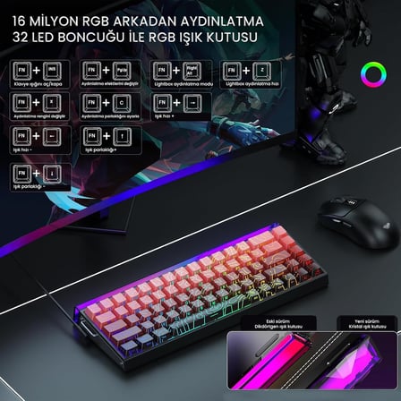 Hero 68 He Manyetik Klavye Rapid Trigger Dragon King Switch 8000Hz RGB Neon TKL Hot Swap Oyuncu Klavyesi Kırmızı