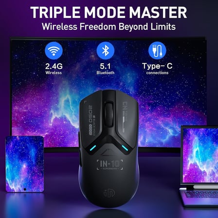 IN10P kablosuz oyun faresi, üç modlu 2.4G/USB-C kablolu/Bluetooth PC oyun faresi, 60g süper ışık, 26K DPI, PAW3395 optik sensör, 8 kHz yoklama hızı, tamamen programlanabilir, siyah