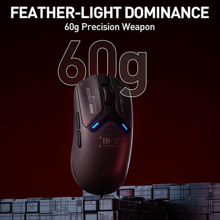 IN10P kablosuz oyun faresi, üç modlu 2.4G/USB-C kablolu/Bluetooth PC oyun faresi, 60g süper ışık, 26K DPI, PAW3395 optik sensör, 8 kHz yoklama hızı, tamamen programlanabilir, siyah