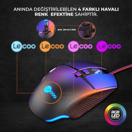 MG1101 Kablolu 6400DPI 8 Tuşlu RGB LED Aydınlatmalı Gaming Optik Mouse Siyah