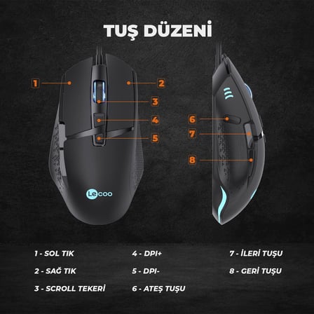 MG1101 Kablolu 6400DPI 8 Tuşlu RGB LED Aydınlatmalı Gaming Optik Mouse Siyah