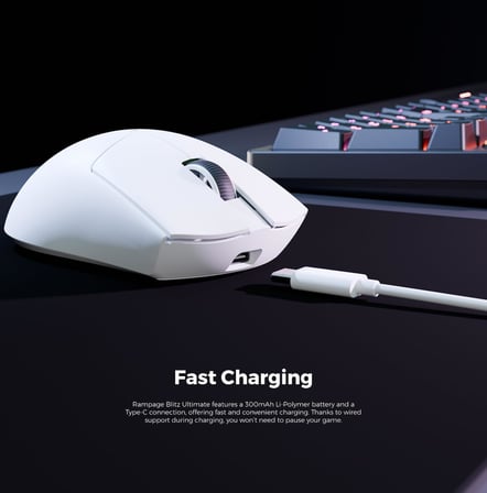 BLITZ ULTIMATE 8K BT+Wired+2.4G Beyaz Kablosuz PAW3950 NORDIC 52840 MCU Gaming Oyuncu Mouse