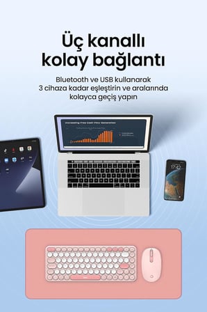MK350 Creator Pro Combo Sessiz 3 Kanallı Bluetooth + 2.4G Wireless Türkçe Q Klavye Mouse Seti (Pembe)