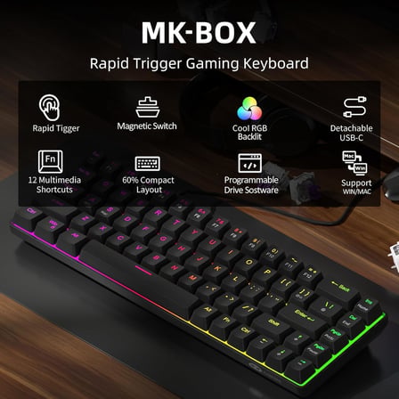%60 Rapid Trigger Oyuncu Klavyesi, Hall Effect Manyetik Switch, Ayarlanabilir Basış Noktası, Hot-Swappable RGB Aydınlatmalı Kablolu Klavye – Yön Tuşlu, Windows/PC/Mac Uyumlu – Siyah