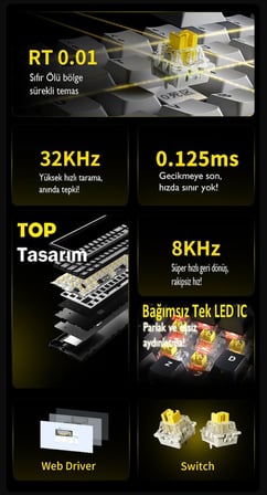 Ajazz AK680 Max%68 Manyetik Switch, 3000mAh Batarya 8000 Hz Kablolu-1000 Hz Polling Rate Kablosuz Manyetik Klavye RGB Arkadan Aydınlatmalı Özelleştirilebilir Tuşlar (AK680 Max - Siyah Sarı)