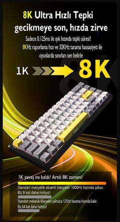 Ajazz AK680 Max%68 Manyetik Switch, 3000mAh Batarya 8000 Hz Kablolu-1000 Hz Polling Rate Kablosuz Manyetik Klavye RGB Arkadan Aydınlatmalı Özelleştirilebilir Tuşlar (AK680 Max - Siyah Sarı)