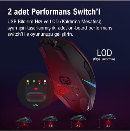 W60 Max 10.000 CPI 10 Tuş Optik RGB UC3&4 Aktif Kablolu Kırmızı Gaming (Oyuncu) Mouse