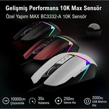 W60 Max 10.000 CPI 10 Tuş Optik RGB UC3&4 Aktif Kablolu Kırmızı Gaming (Oyuncu) Mouse