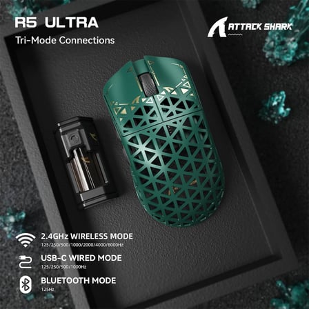 R5 Ultra Karbon Fiber HyperSpeed Kablosuz Gaming Mouse – 39g Süper Hafif, PAW3950MAX Sensör, 42000 DPI, 8000Hz Kablosuz Polling, BT/2.4G/Kablolu USB-C, Windows/Mac Uyumlu – Green