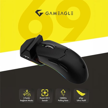 Tracker Pro RGB Kablosuz 2.4Ghz Bluetooth Kablolu Dock Şarj İstasyonlu 69gr 1KHz 12000DPI Oyuncu Mouse (siyah)