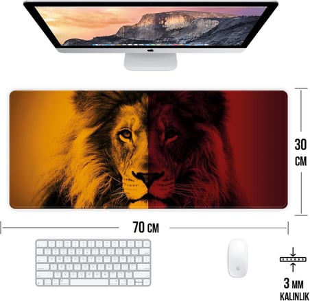 Sarı Kırmızı Aslan Temalı Oyun Gaming Klavye Mouse Pad Masa Matı 70x30cm Kaymaz Kauçuk Taban Dikişli Kenar