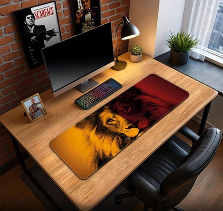 Sarı Kırmızı Aslan Temalı Oyun Gaming Klavye Mouse Pad Masa Matı 70x30cm Kaymaz Kauçuk Taban Dikişli Kenar