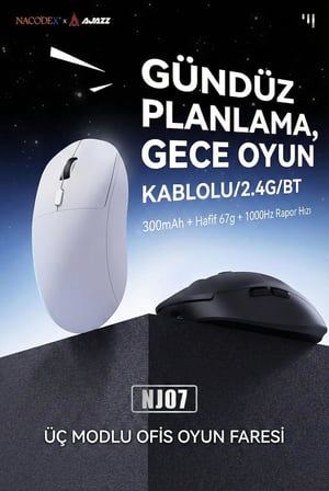 Kablosuz Gaming Mouse 12800 DPI 3 Modlu Bluetooth 2.4G USB Kablolu 1000Hz Raporlama Hızı 67g Ultra Hafif 6 Tuş 300mAh Şarjlı Ofis Oyuncu Mouse | AJAZZ NJ07 (Beyaz - NJ07)