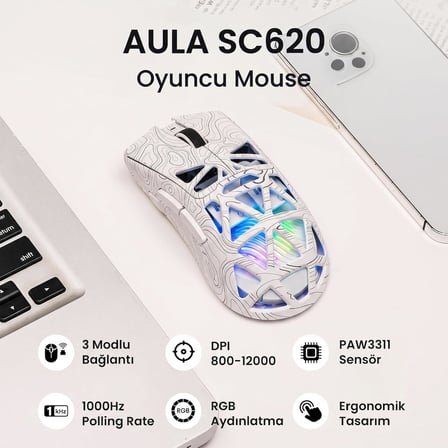 SC620 PAW3311 Sensör 12000 DPI 1000Hz Kablolu ve Kablosuz Gaming Oyuncu Mouse Desenli Beyaz