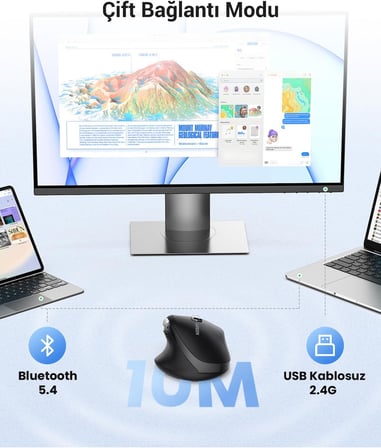 Ergonomik 5000 DPI Sessiz Kablosuz Wireless Mouse, Siyah, 45792