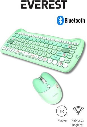 Km-6285 Catty Mini Wireless-Bluetooth Kablosuz Ultra Sessiz Özel Tasarımlı Q Klavye Mouse Set Yeşil