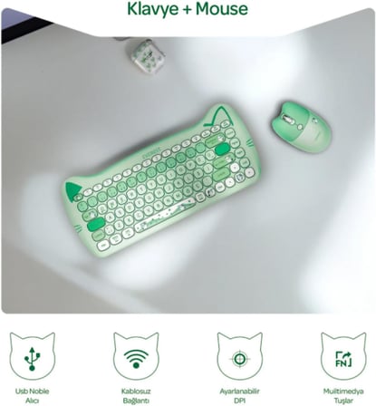 Km-6285 Catty Mini Wireless-Bluetooth Kablosuz Ultra Sessiz Özel Tasarımlı Q Klavye Mouse Set Yeşil