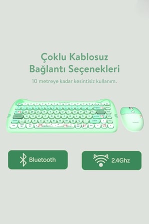 Km-6285 Catty Mini Wireless-Bluetooth Kablosuz Ultra Sessiz Özel Tasarımlı Q Klavye Mouse Set Yeşil