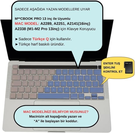 MacBook Klavye Koruyucu Türkçe Q A2338 M1 M2 13 inç A2251 A2289 A2141 16 inç UK ISO Ters L Enter Silikon Keyboard Cover Touch Bar Mavi Pembe
