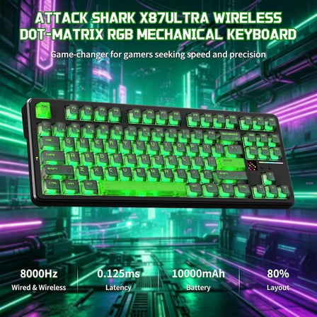 X87 Ultra Kablosuz Oyun Klavyesi, Nokta Matrisi Ekranlı, BT/2,4 GHz/Kablolu,%75 Hot-swap, 10000mAh, RGB, Kablosuz Shark Fin, PC/Mac, Shadow Jade