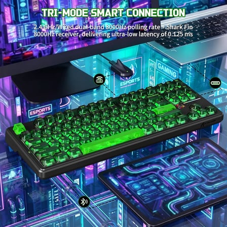 X87 Ultra Kablosuz Oyun Klavyesi, Nokta Matrisi Ekranlı, BT/2,4 GHz/Kablolu,%75 Hot-swap, 10000mAh, RGB, Kablosuz Shark Fin, PC/Mac, Shadow Jade