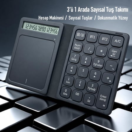 Katlanabilir Deri Sayısal Klavye ve Dokunmatik Yüzey, Bluetooth Bağlantılı, USB-C Şarj Edilebilir, Windows 10 Uyumlu, Hesap Makinesi Fonksiyonlu, Kablosuz Klavye ve Touchpad | ZR1274