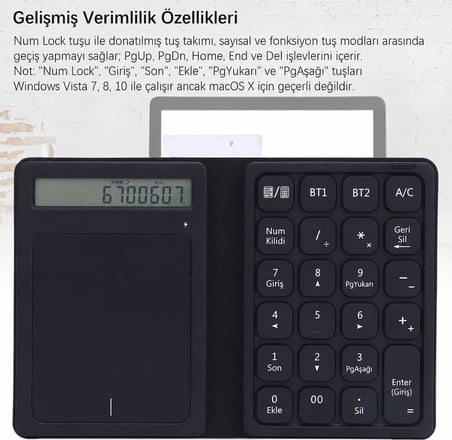Katlanabilir Deri Sayısal Klavye ve Dokunmatik Yüzey, Bluetooth Bağlantılı, USB-C Şarj Edilebilir, Windows 10 Uyumlu, Hesap Makinesi Fonksiyonlu, Kablosuz Klavye ve Touchpad | ZR1274