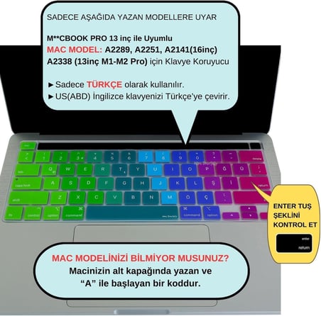 MacBook Klavye Koruyucu Türkçe Q Çeviri A2338 M1 M2 13 inç A2251 A2289 A2141 16 inç US ANSI Düz Enter Silikon Keyboard Cover Touch Bar Pembe Yeşil
