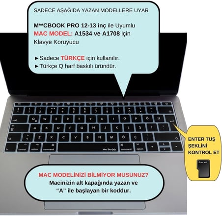 MacBook Klavye Koruyucu A1534 A1708 Uyumlu Türkçe Q Baskılı Silikon Klavye Koruyucu UK Enter Siyah