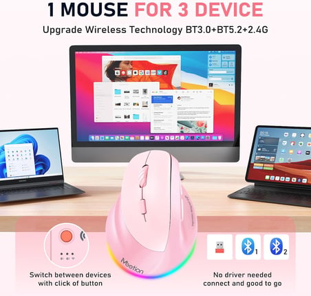 Solak Kablosuz Ergonomik Dikey Fare, Şarj Edilebilir - Pembe