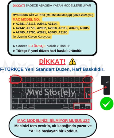 MacBook Türkçe F Klavye Koruyucu Yeni F Düzen M1-M5 | A2681 A3113 A3240 A3449 A2941 A3241 A2442 A2779 A3426 A3434 A2485 A3429 | Silikon Keyboard Cover Touch ID Siyah