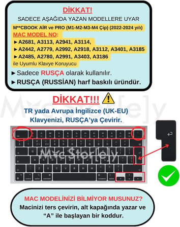MacBook Rusça Klavye Koruyucu UK Ters L Enter M1-M5 | A2681 A3113 A3240 A3449 A2941 A3241 A2442 A2779 A2992 A2485 A2991 | Russian Keyboard Cover Touch ID Pembe