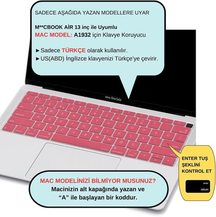 MacBook Air 13 Türkçe Q Klavye Koruyucu US Amerikan Enter | A1932 A2179 A2337 M1 Uyumlu | İngilizce Klavyeyi Türkçeye Çeviren İnce Silikon Keyboard Cover Pembe