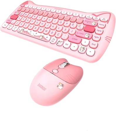 Km-6285 Catty Mini Wireless-Bluetooth Kablosuz Ultra Sessiz Özel Tasarımlı Q Klavye Mouse Set Pembe