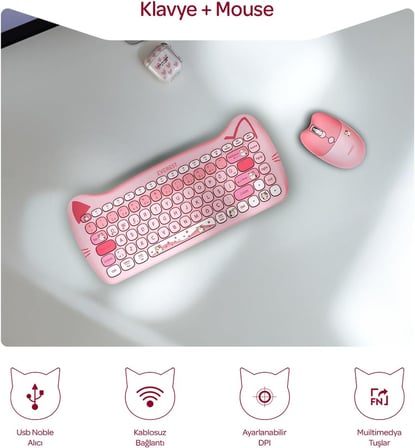 Km-6285 Catty Mini Wireless-Bluetooth Kablosuz Ultra Sessiz Özel Tasarımlı Q Klavye Mouse Set Pembe