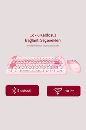 Km-6285 Catty Mini Wireless-Bluetooth Kablosuz Ultra Sessiz Özel Tasarımlı Q Klavye Mouse Set Pembe