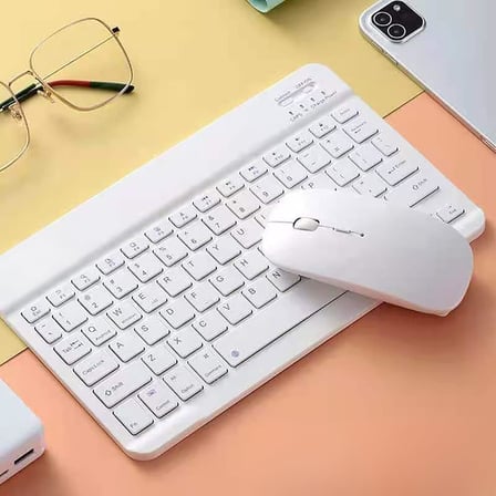 Şık Tasarımlı Bluetooth Kablosuz Klavye ve Mouse Seti | Android, iOS ve Windows Uyumlu | Şarj Edilebilir, Taşınabilir ve Sessiz Tuşlu Set (Beyaz)