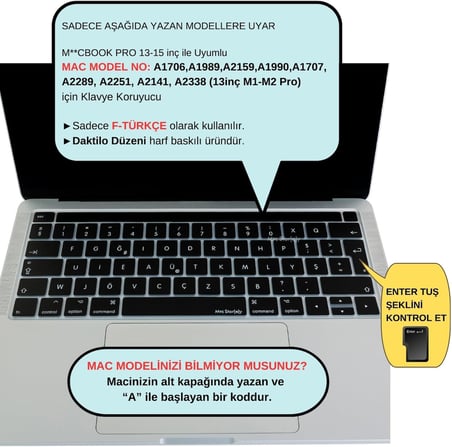 MacBook Pro Türkçe F Klavye Koruyucu A1706 A1989 A2159 A1707 A1990 A2251 A2289 A2338 A2141 Uyumlu UK ISO Ters L Enter Silikon Keyboard Cover Siyah