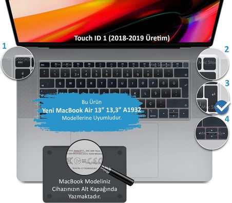 MacBook Air 13 Retina Türkçe F Klavye Koruyucu A1932 A2179 A2337 M1 | 2018-2020 Uyumlu Silikon Keyboard Cover Touch ID Siyah Siyah