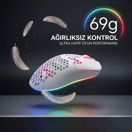Kablolu RGB Gaming Mouse, 12800 DPI, 69g Ultra Hafif, Petek Gövde, 5 Milyon Tıklama Ömürlü, Instant 825 Optik Sensör, Örgü Kablolu Oyuncu Mouse MO-19 (Beyaz)