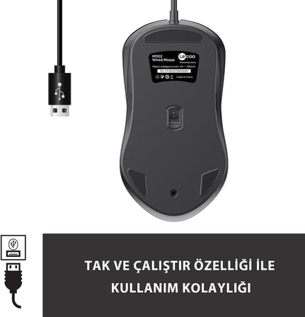 M1102 USB Kablolu 1200DPI 3 Tuşlu Mouse -Sessiz PC, Mac, Dizüstü Bilgisayar için, Windows, Linux ve Mac ile Uyumlu Sağ ve Sol Elle Kullanıma Uygun, 99gr Hafif Optik Mouse Siyah