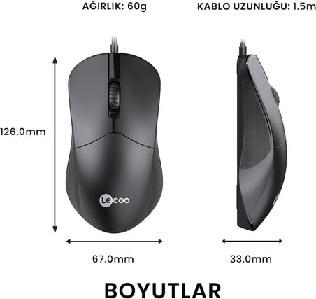 M1102 USB Kablolu 1200DPI 3 Tuşlu Mouse -Sessiz PC, Mac, Dizüstü Bilgisayar için, Windows, Linux ve Mac ile Uyumlu Sağ ve Sol Elle Kullanıma Uygun, 99gr Hafif Optik Mouse Siyah