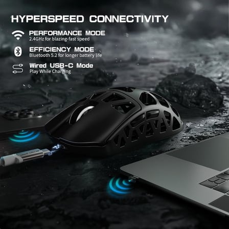 R3 Magnezyum Alaşımlı Kablosuz Gaming Mouse – 46g Ultra Hafif, PixArt PAW3395 Sensör, 8K Tepki Hızı, BT/2.4G/Kablolu Üçlü Mod, 26000 DPI Ayarlanabilir, Windows/Xbox/PS Uyumlu - Black