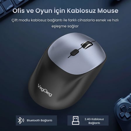 G880 Dual-Mode Bluetooth 5.3 ve 2.4GHz 3600DPI Optik Kablosuz Mouse Gri